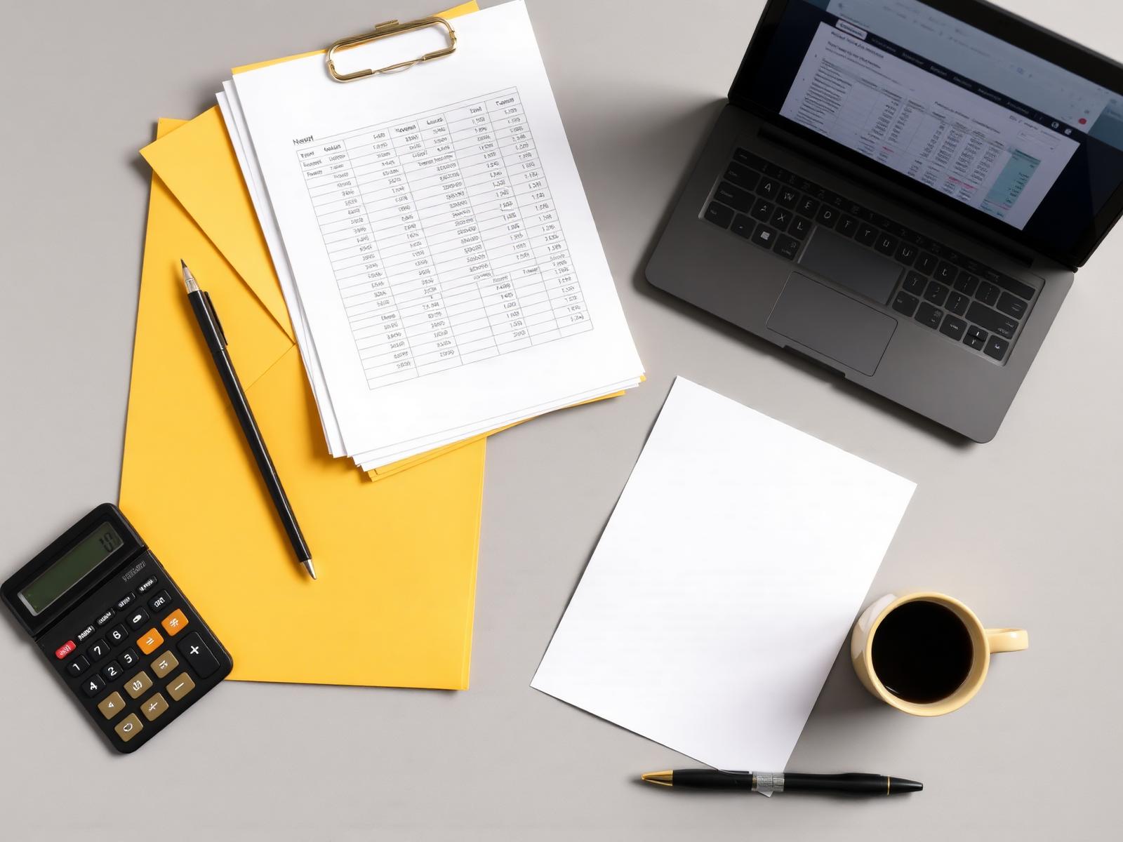 Bookkeeping workspace with financial documents and QuickBooks